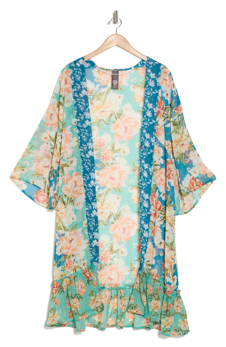 Vince Camuto Mixed Print Colorblock Duster, Alternate, color, Teal