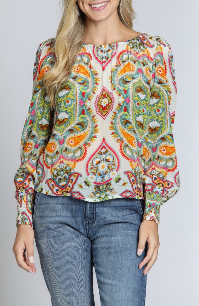 APNY Ikat Print Blouson Sleeve Top, Main, color, Green Multi