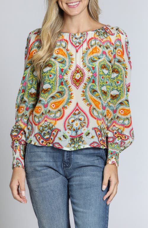 Apny Ikat Print Blouson Sleeve Top In Green Multi