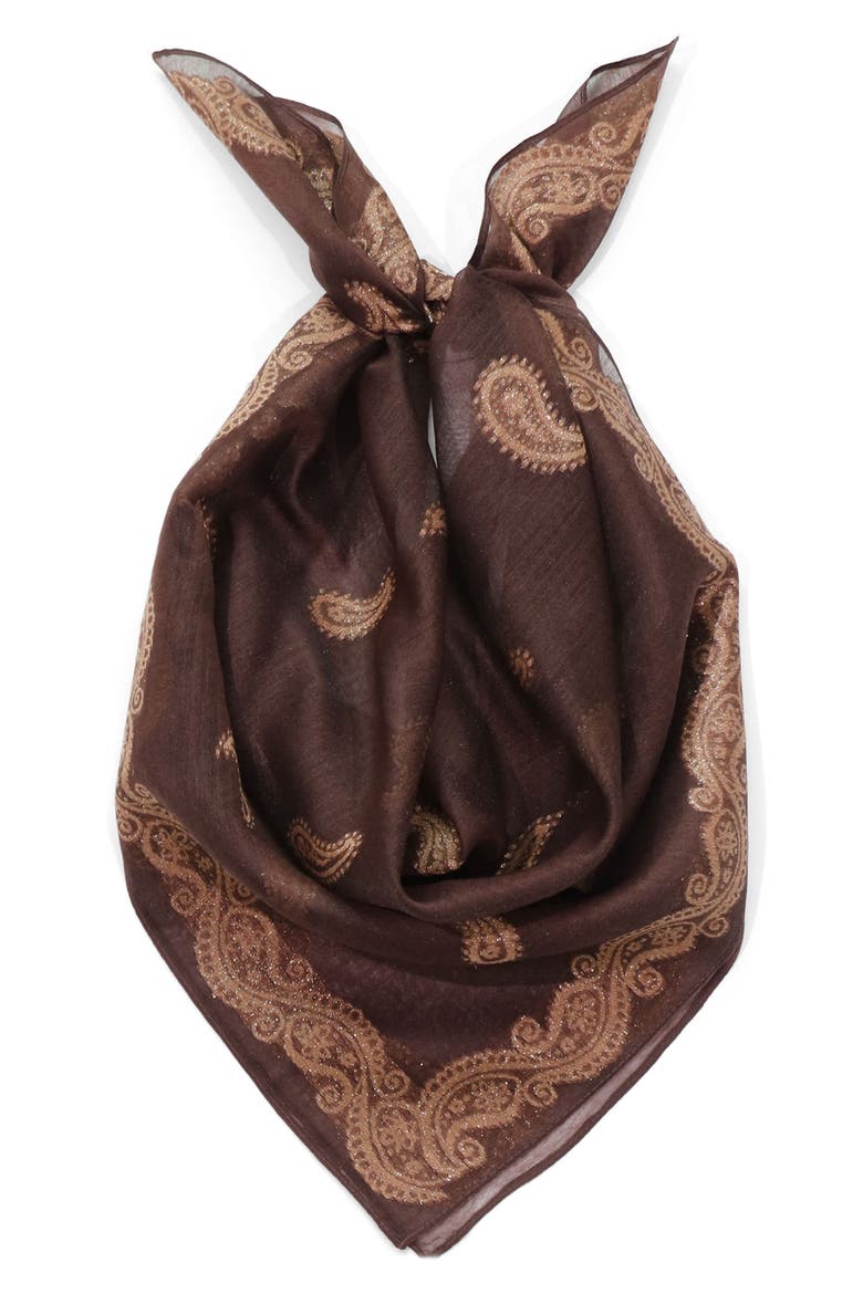 Everly Paisley Glitter Square Scarf, Alternate, color, BROWN