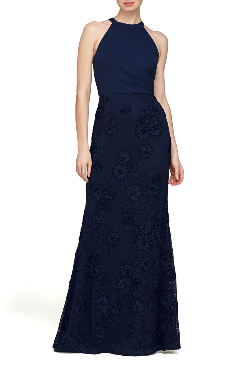 Britney Sleeveless Halter Evening Gown, Main, color, DEEP NAVY