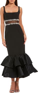 Mac Duggal Women’s Crepe Midi Dress With Jewel Detail & Ruffle Hem