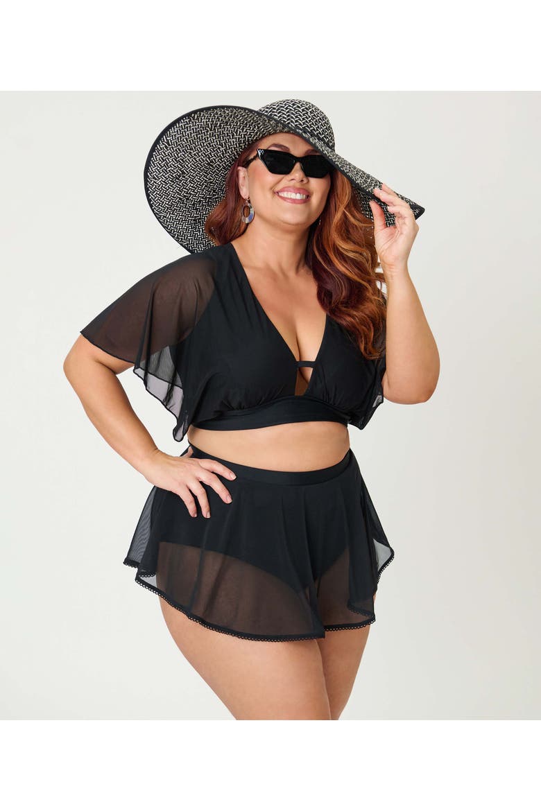 Plus Size Flutter Sleeve Swim Top, Alternate, color, Solid Black