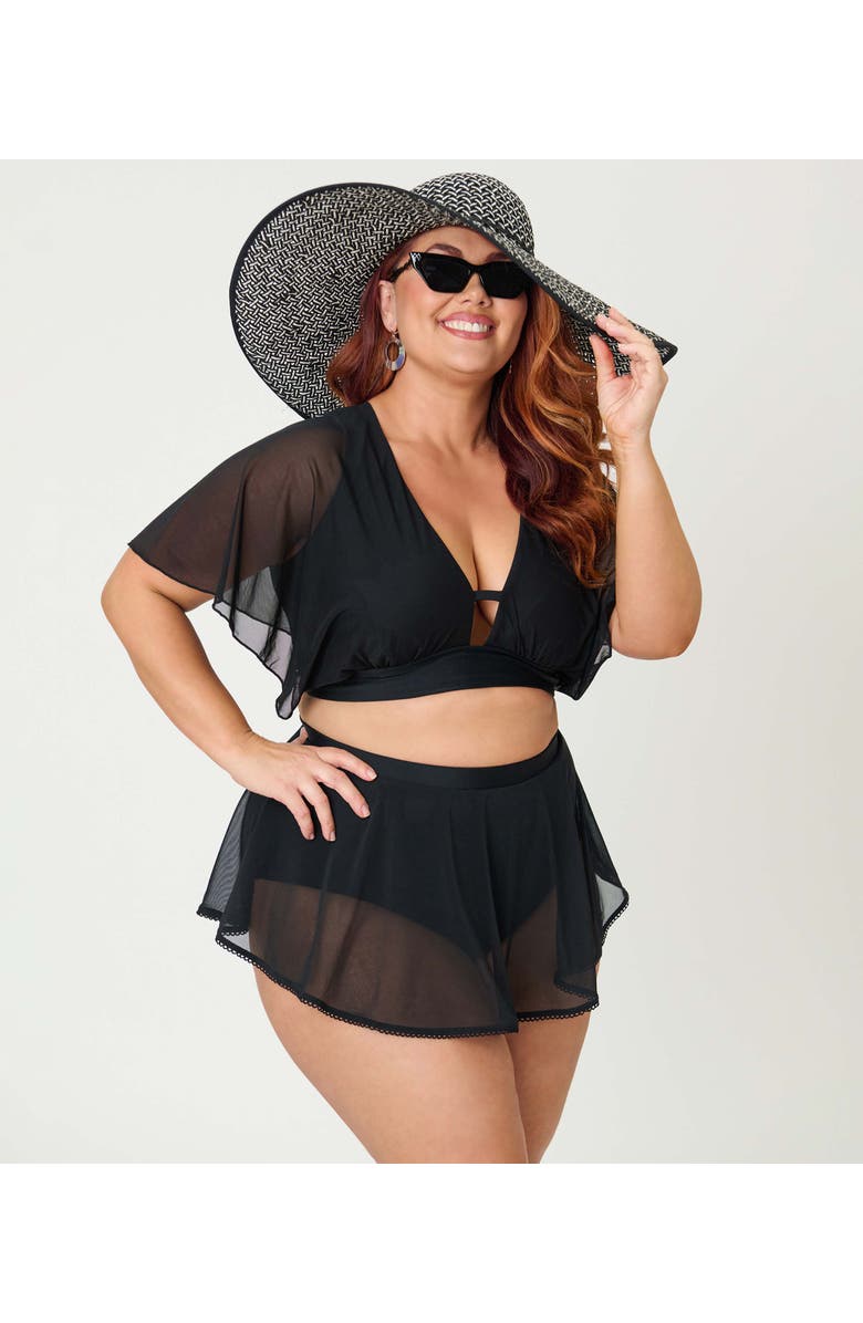 Unique Vintage Plus Size Flutter Sleeve Swim Top, Alternate, color, Solid Black