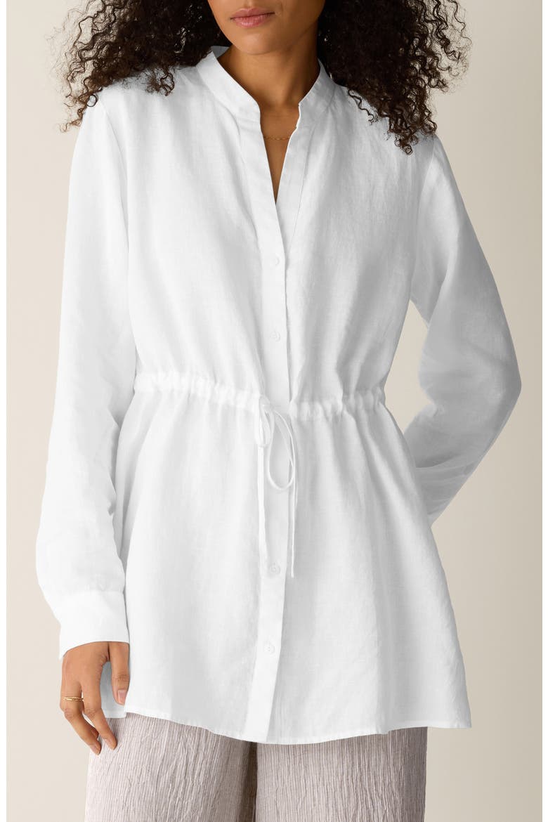 Split Neck Organic Linen Long Drawstring Shirt, Main, color, WHITE