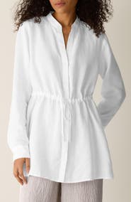 Eileen Fisher Split Neck Organic Linen Long Drawstring Shirt