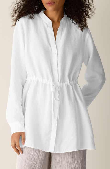 Split Neck Organic Linen Long Drawstring Shirt