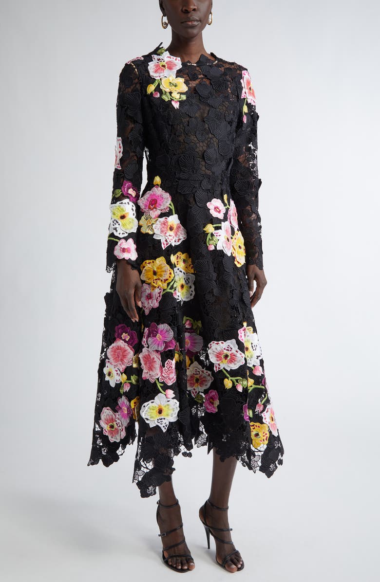 Oscar de la Renta Orchid Threadwork Long Sleeve Floral Lace Fit & Flare Gown, Main, color, 