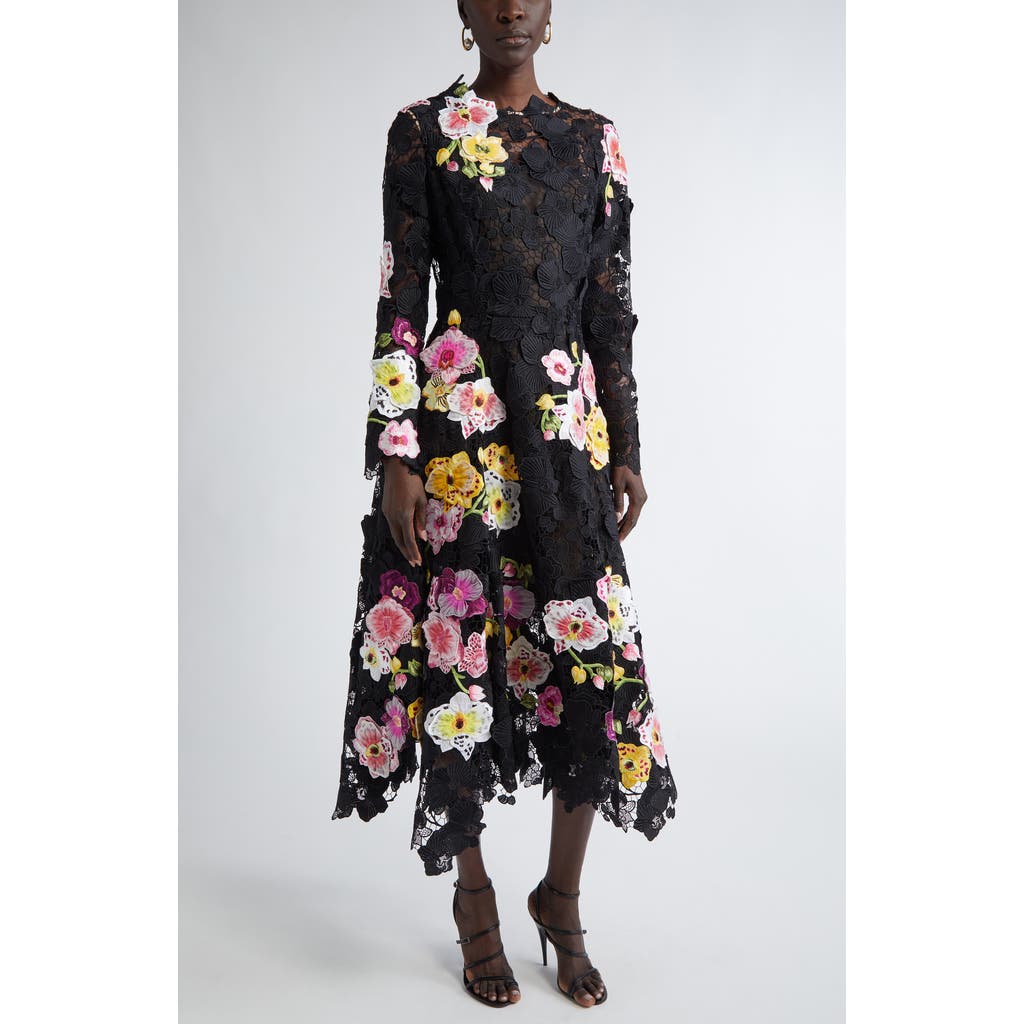 Oscar De La Renta Orchid Threadwork Long Sleeve Floral Lace Fit & Flare Gown In Black