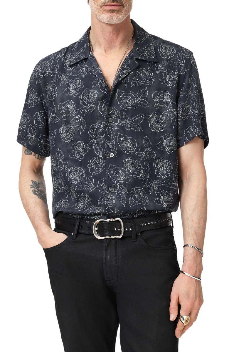 John Varvatos Dan Print Modal Camp Shirt, Main, color, Black