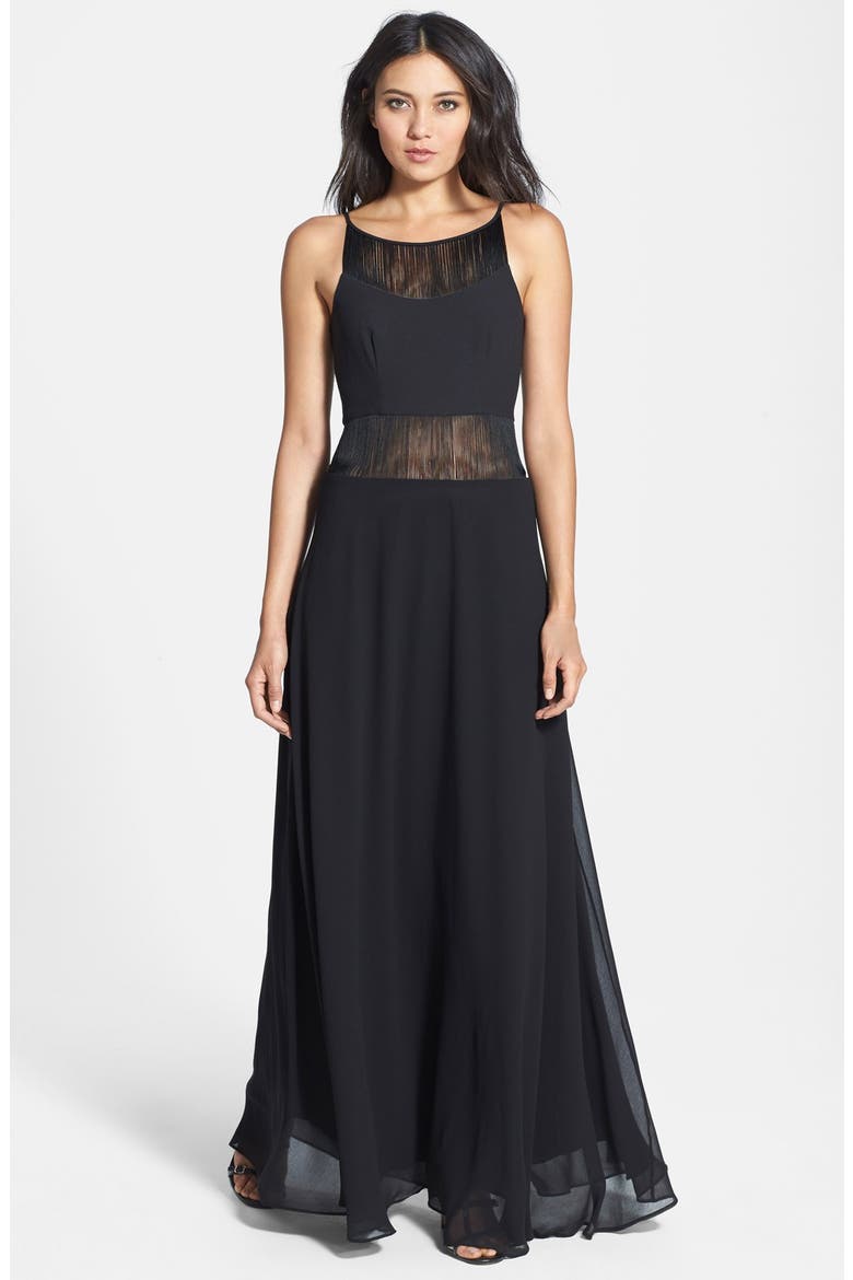 'Kalla' Inset Fringe Crepe Maxi Dress, Main, color, BLACK