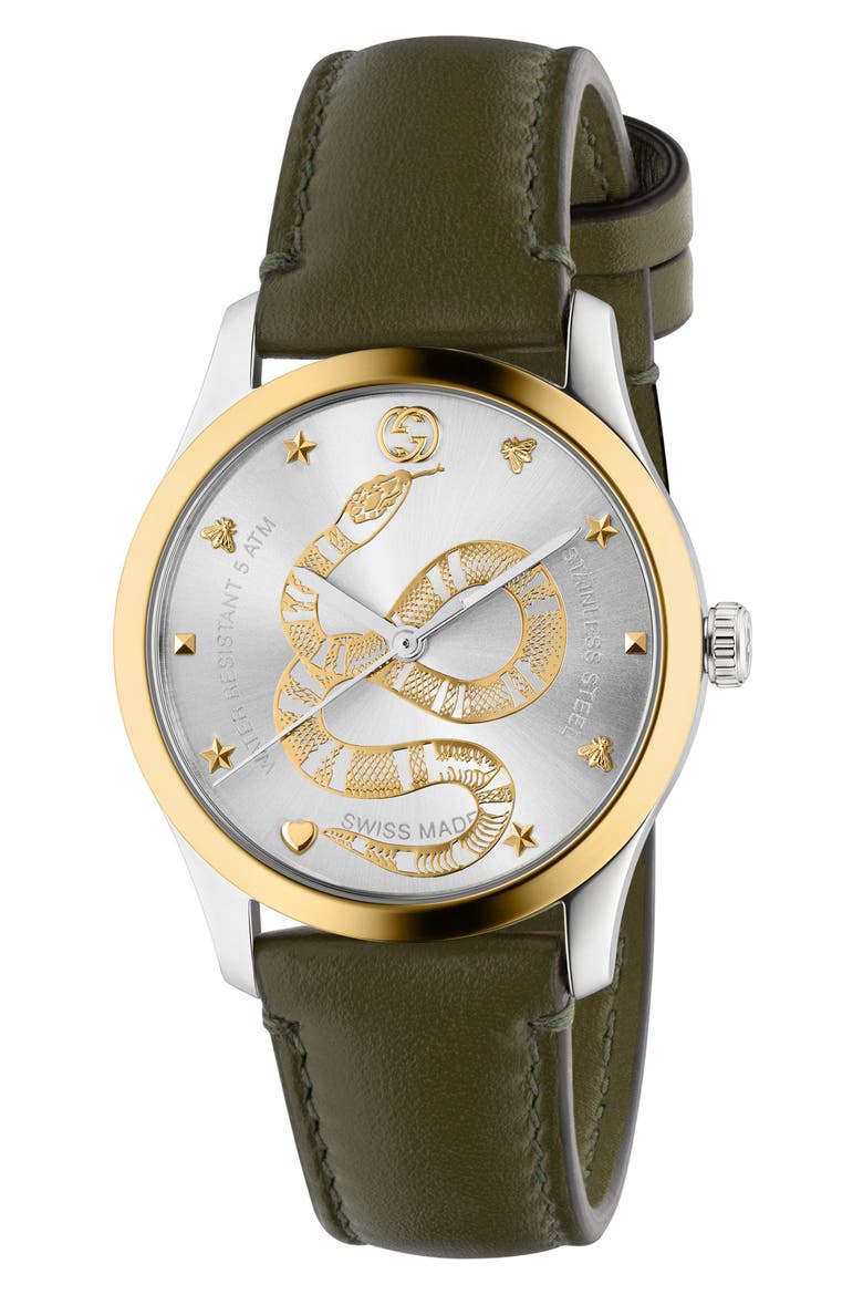 G-Timeless Snake Leather Strap Watch, 38mm, Main, color, BROWN/ SILVER/ GOLD