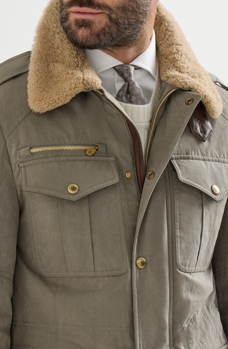 Brunello Cucinelli Waxed techno cotton safari jacket with Thermore<sup>®</sup> padding, nappa leather inserts and shearling collar, Alternate, color, Medium Grey