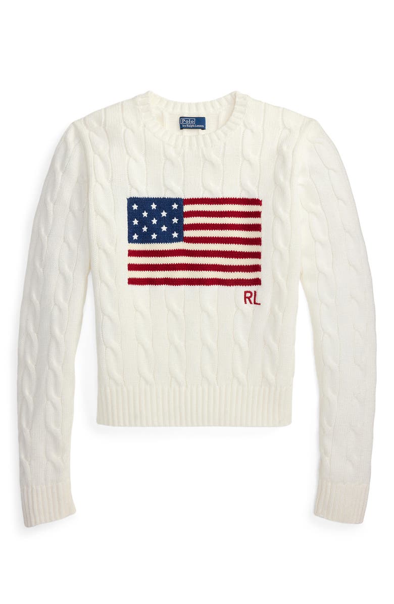 Polo Ralph Lauren Flag Intarsia Cable Stitch Crewneck Sweater, Alternate, color, Ceramic White
