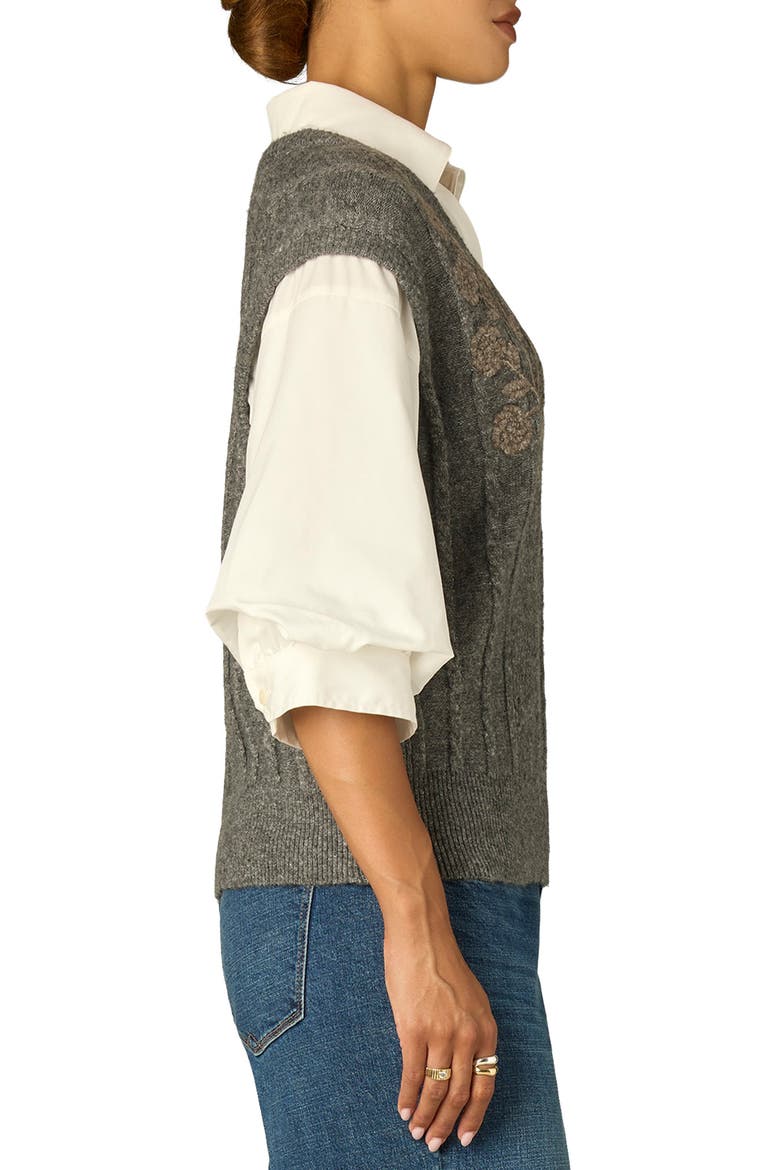 Floral Embroidered Two-Fer Sweater Vest, Alternate, color, OFF WHITE/ CHARCOAL MULTI