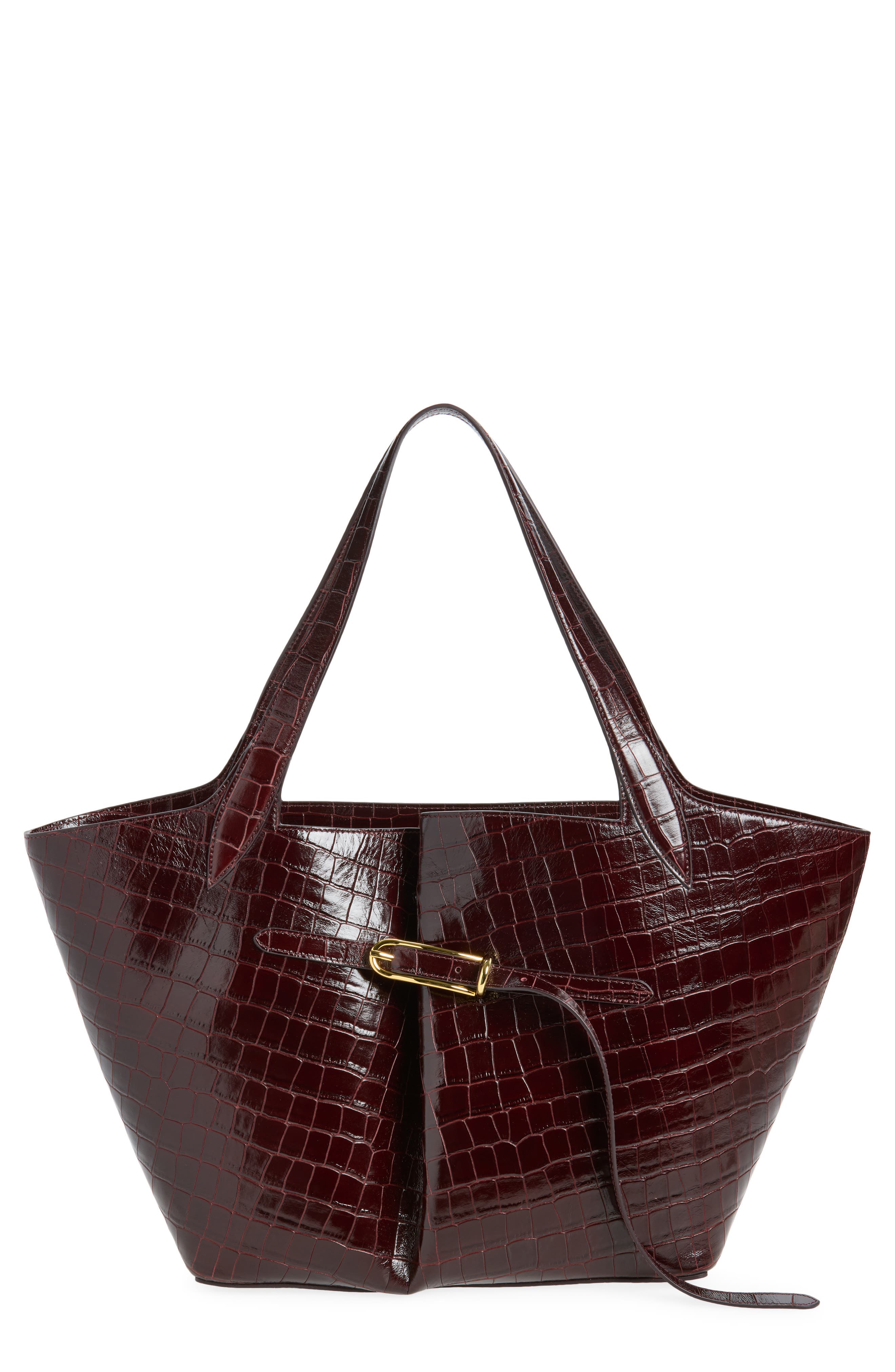 Belted Croc Embossed Leather Tote, Main, color, BURGUNDY