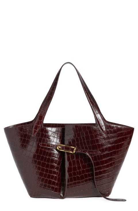 Belted Croc Embossed Leather Tote