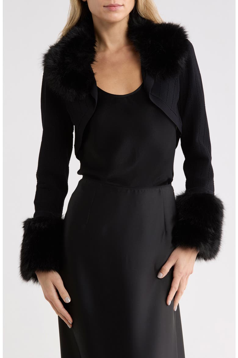 Haru Faux Fur Trim Shrug, Main, color, BLACK
