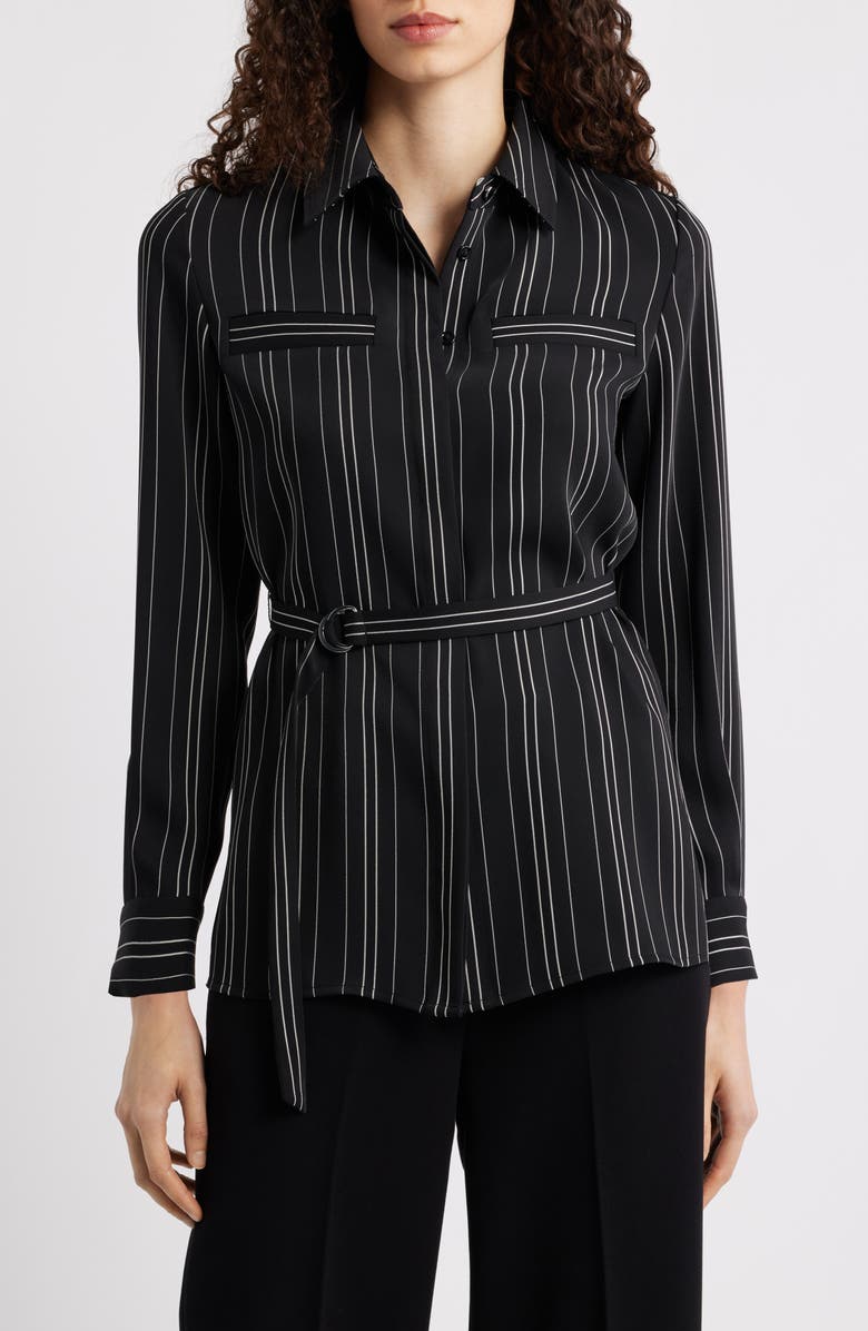 Anne Klein Pinstripe Belted Button-Up Tunic, Main, color, Anne Black/ White Dove