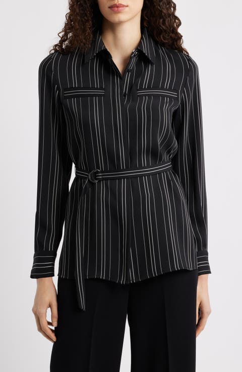 Pinstripe Belted Button-Up Tunic