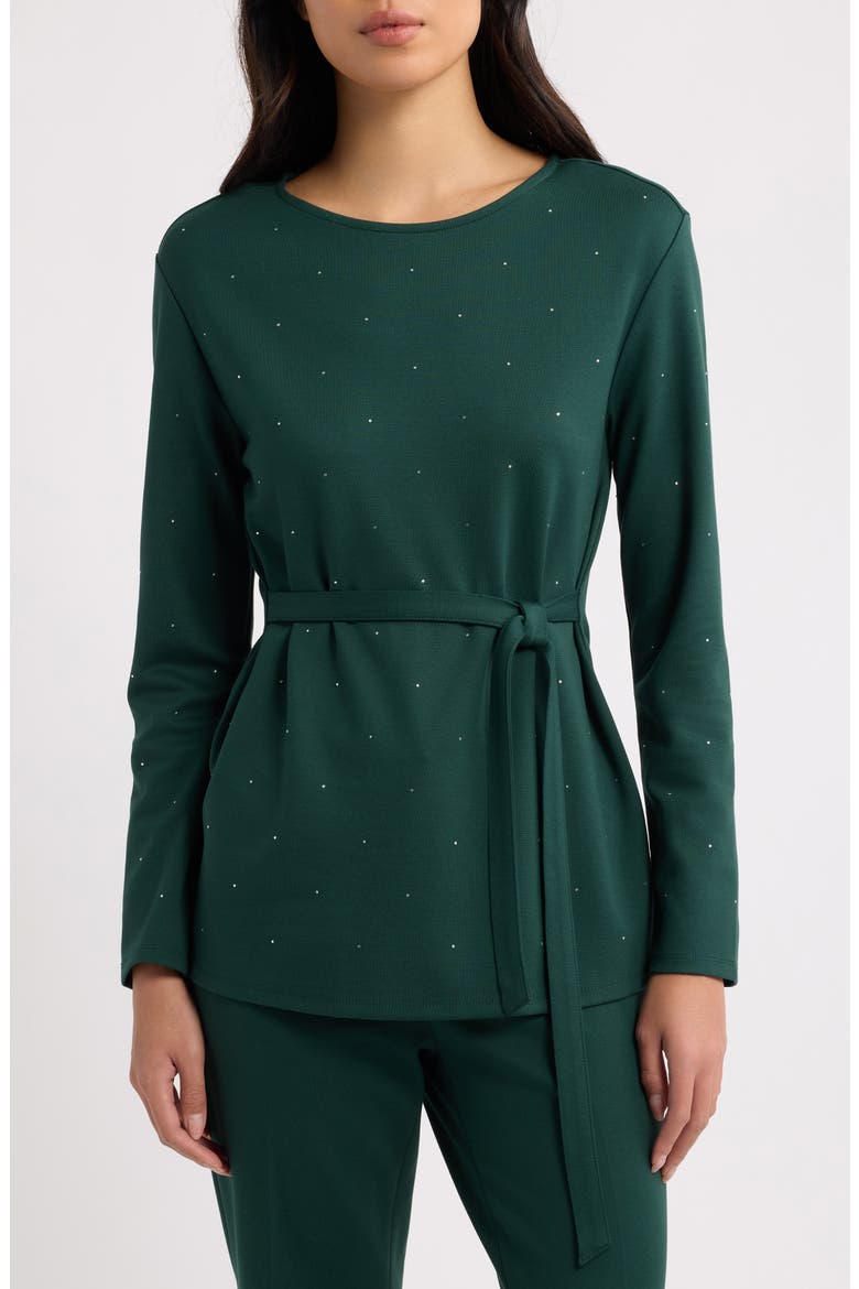 Belted Rhinestone Boat Neck Knit Top, Main, color, PINE FOREST