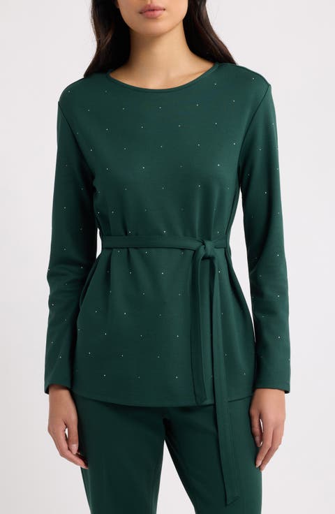 Belted Rhinestone Boat Neck Knit Top