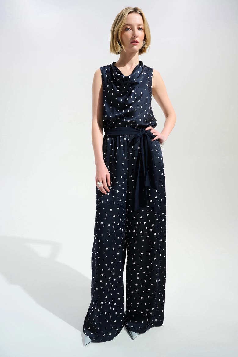 Signature | Satin Dot Print Wide Leg Pants With Contrast Sash, Alternate, color, Midnight Blue/Vanilla