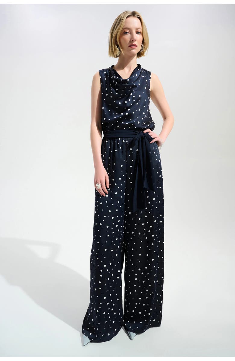 Joseph Ribkoff Signature | Satin Dot Print Wide Leg Pants With Contrast Sash, Alternate, color, Midnight Blue/Vanilla