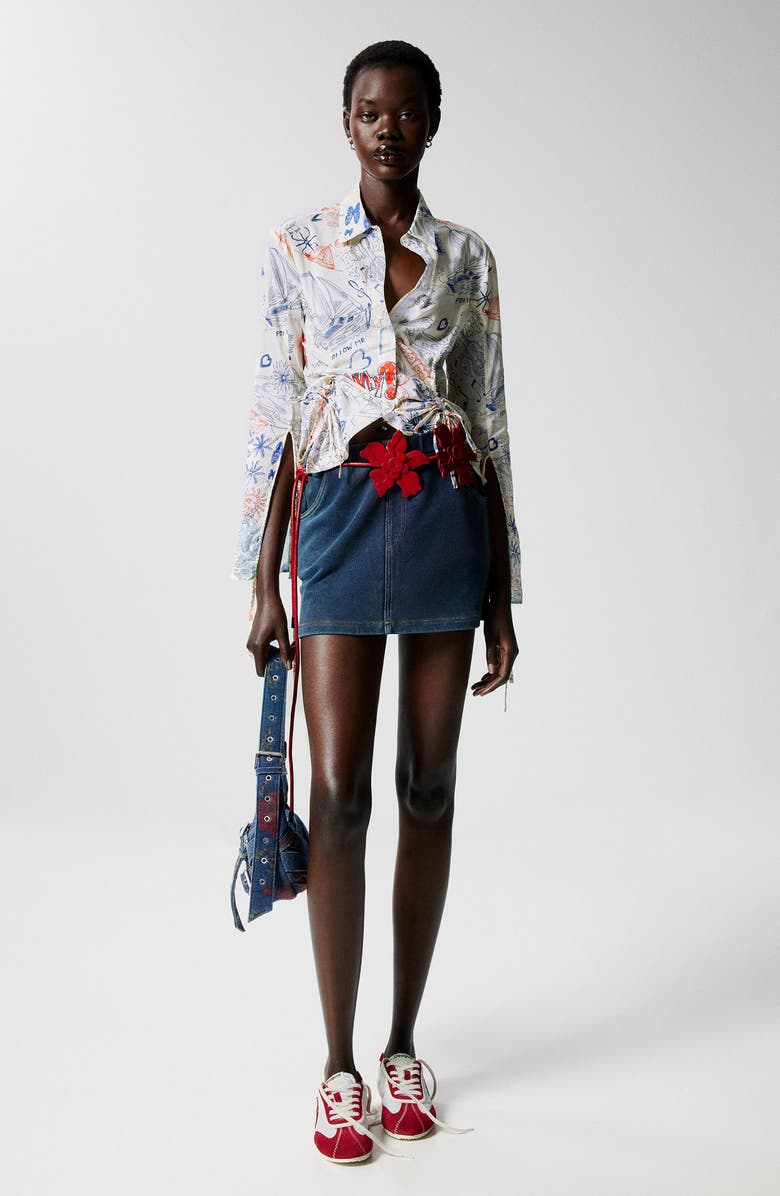 Desigual Ruched Long Sleeve Cotton Button-Up Shirt, Alternate, color, Light Beige