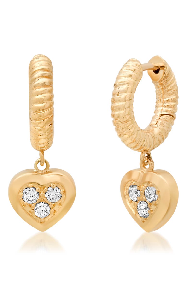 Established Pavé Diamond Heart Huggie Hoop Earrings, Main, color, Yellow Gold