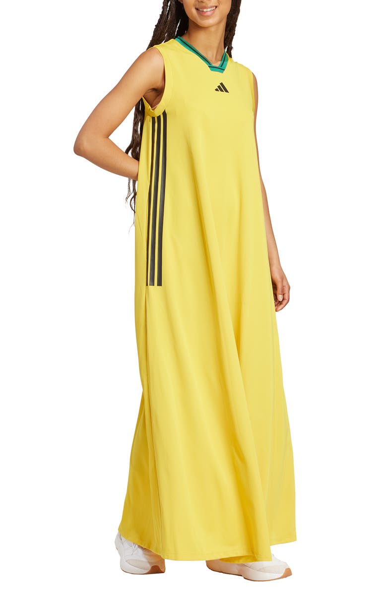 adidas Tiro 3-Stripes Recycled Polyester Mesh Maxi Dress, Alternate, color, Hazy Yellow/ Black/ Bold Green