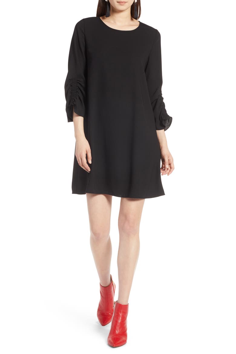 Ruched Sleeve Swing Dress, Alternate, color, BLACK