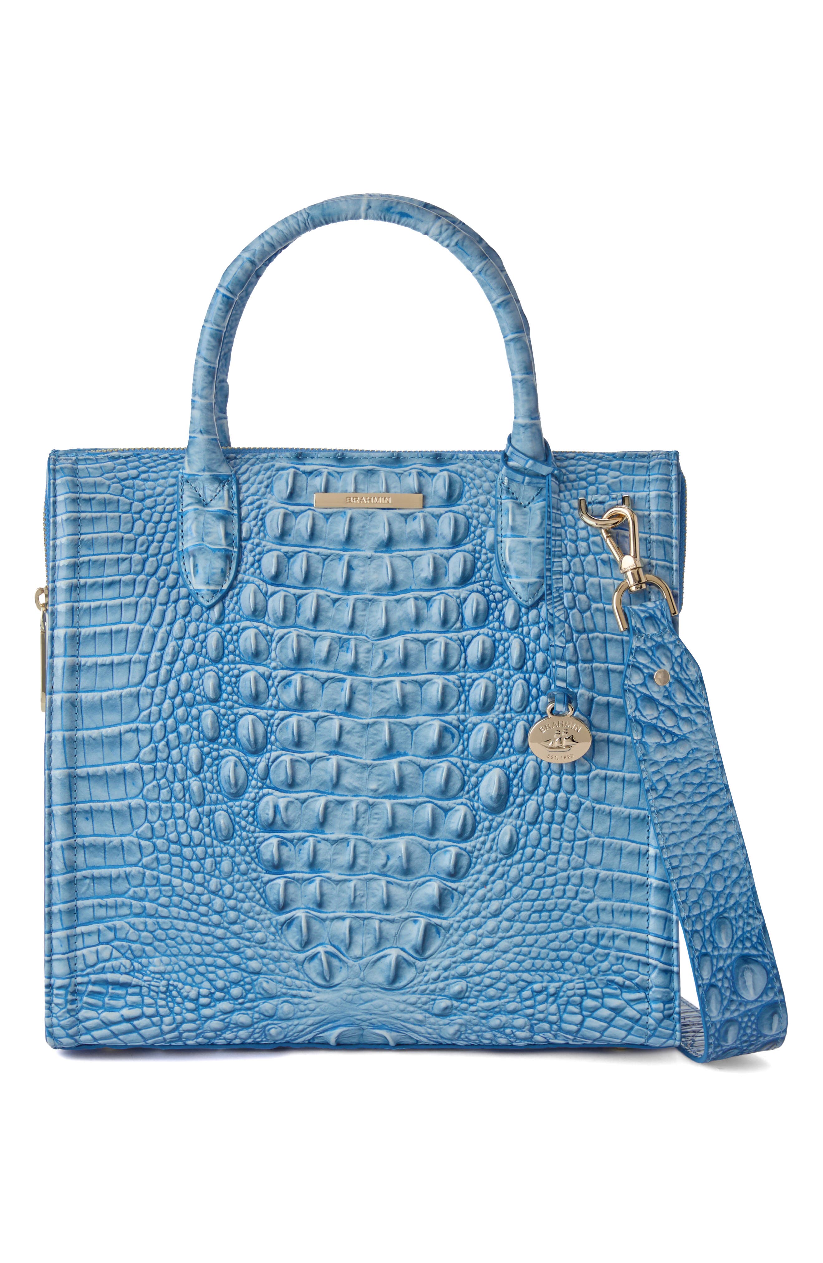 Brahmin Caroline Croc Embossed Leather Satchel, Alternate, color, Aura Blue