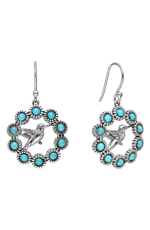 Turquoise Floral Hummingbird Drop Earrings