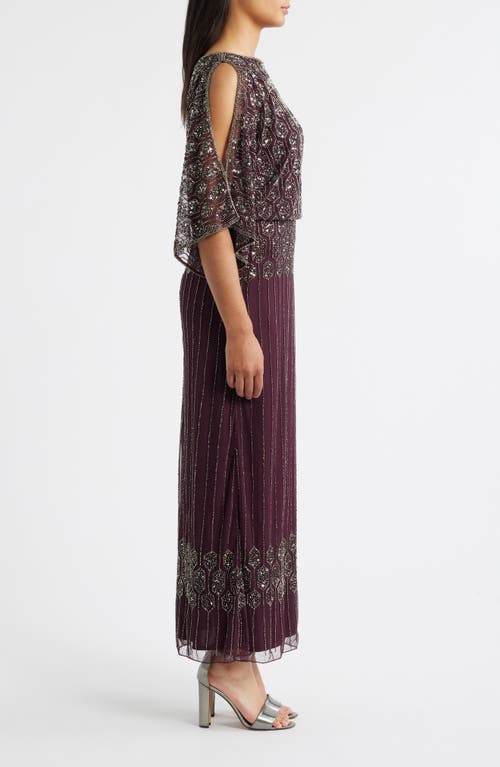 Pisarro Nights Beaded Blouson Split Sleeve Gown In Burgundy