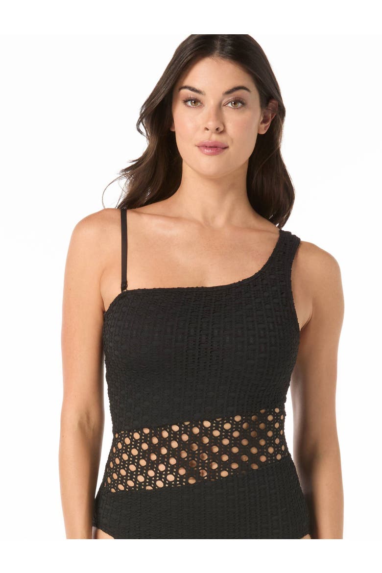 Crochet One Shoulder One-Piece Swimsuit, Alternate, color, Black