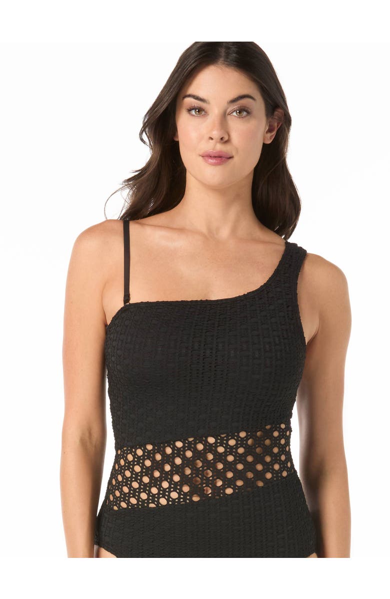 Carmen Marc Valvo Crochet One Shoulder One-Piece Swimsuit, Alternate, color, Black