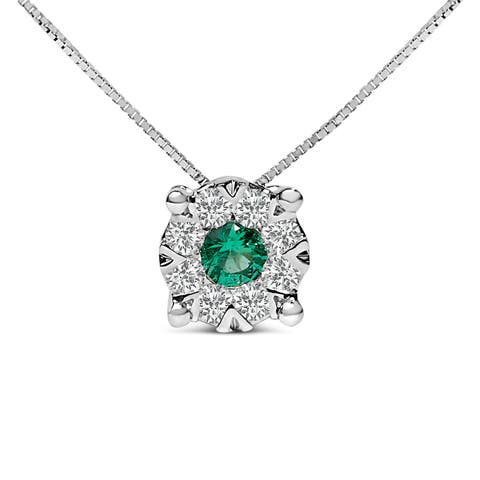 14K Gold Emerald & 1/3 Cttw Diamond Halo Pendant Necklace