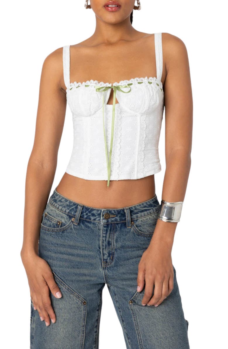 EDIKTED Garden Girl Eyelet Lace Corset Top, Main, color, White