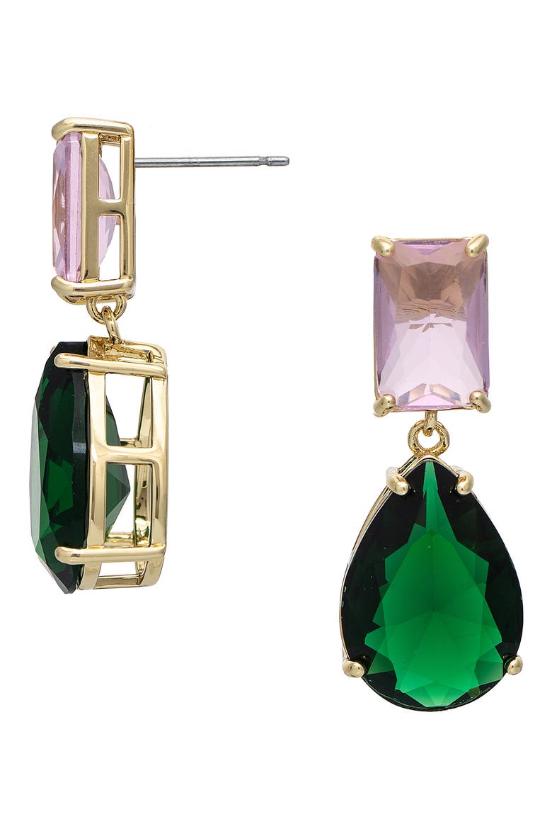 Cubic Zirconia Drop Earrings, Main, color, PINK AND EMERALD