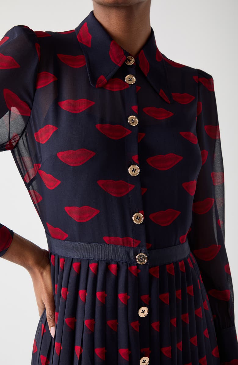 LK Bennett Tallis Lips Pleated Long Sleeve Midi Shirtdress, Alternate, color, 