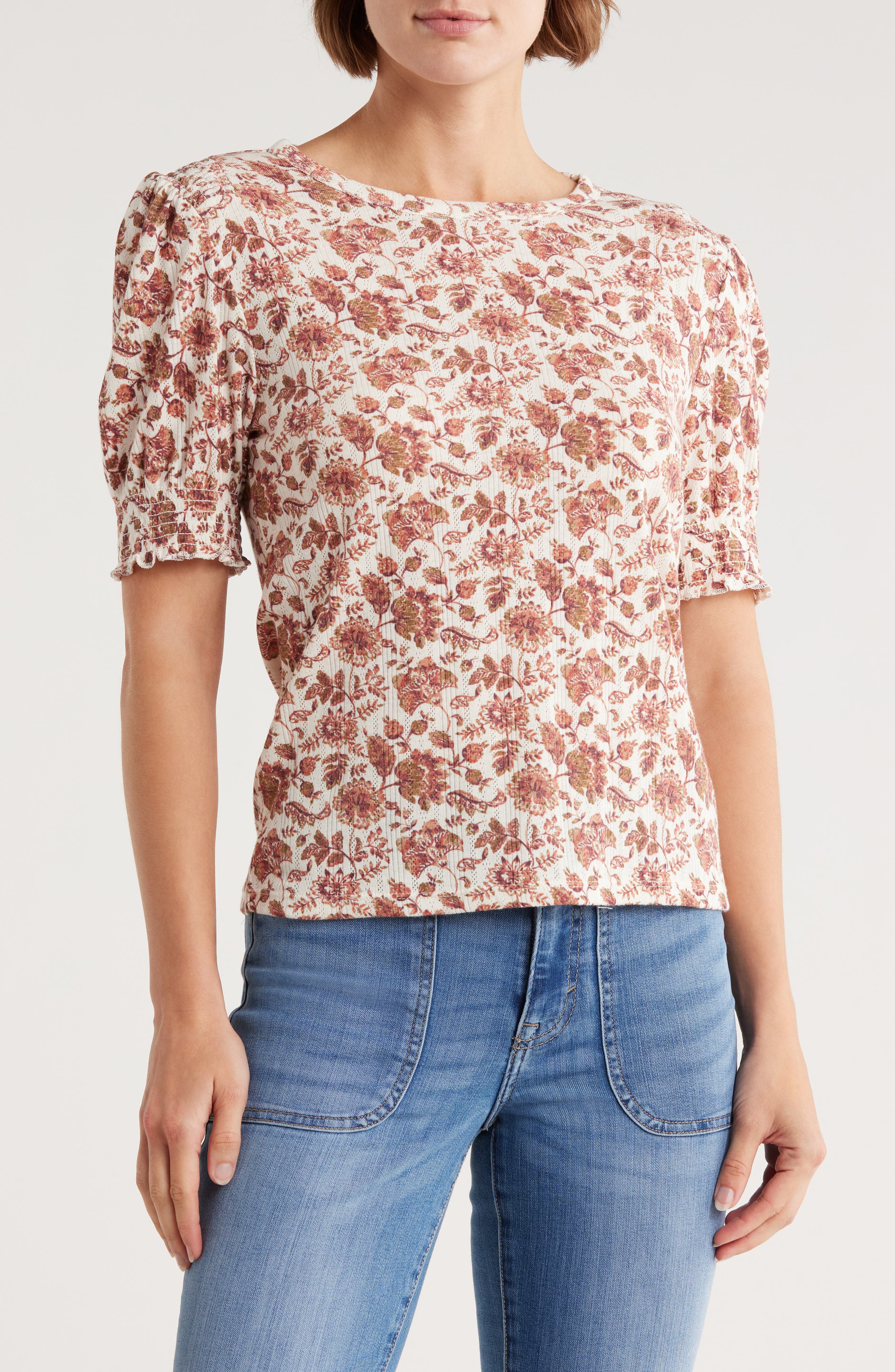 Lucky Brand Smocked Shoulder Pointelle Knit Top