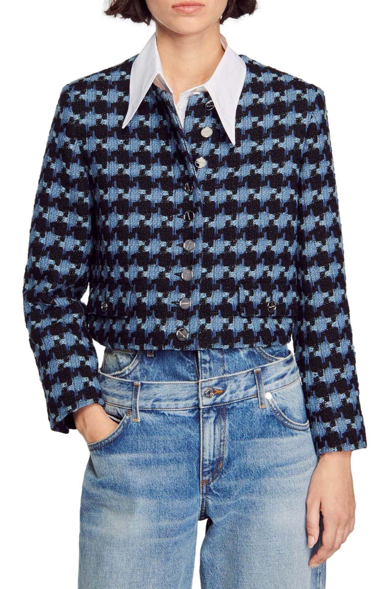 SANDRO Boulogne Houndstooth Tweed Crop Jacket, Main, color,