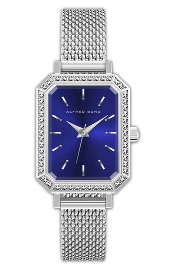 Alfred Sung Crystal Embellished Stainless Steel Bracelet Watch In Black