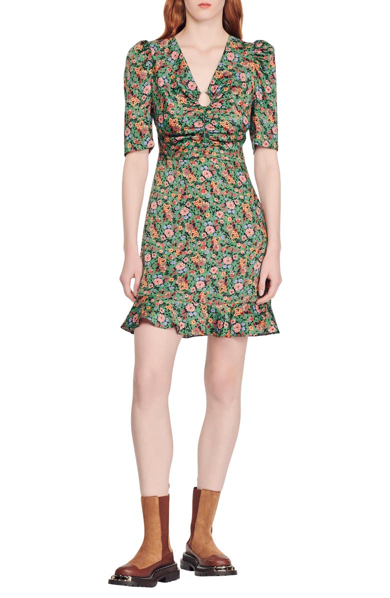 SANDRO Plumeria Floral Puff Sleeve Minidress, Main, color, Green Orange