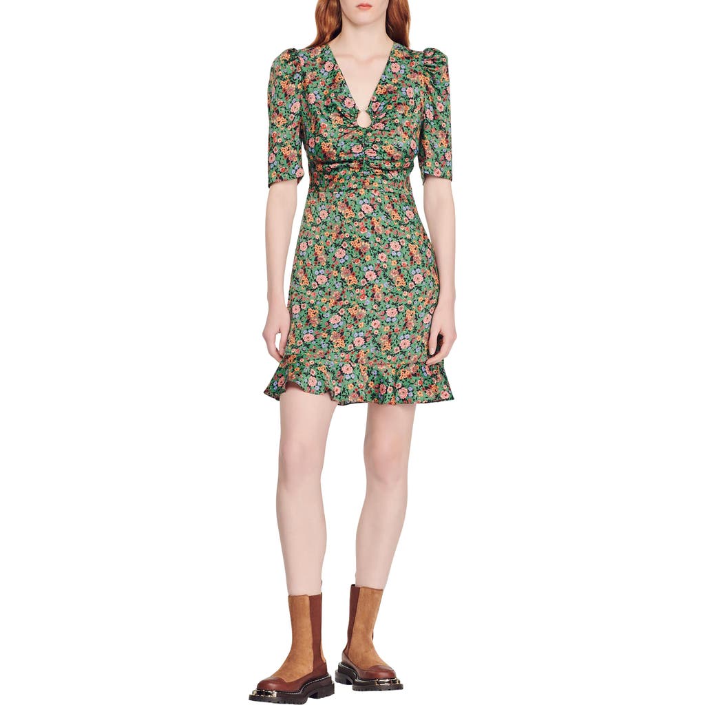 Sandro Short Dress With Autumn Flowers Print In Multi
