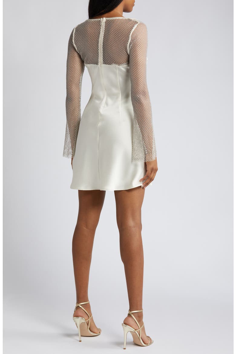 Diamante Long Sleeve Satin & Mesh Cocktail Minidress, Alternate, color, CREAM