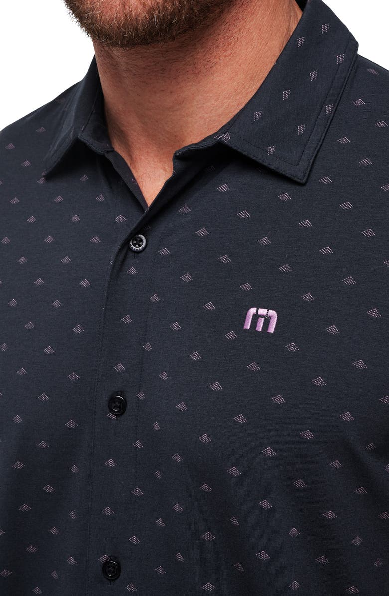TravisMathew Set a Course Geo Print Knit Short Sleeve Button-Up Shirt, Alternate, color, Total Eclipse