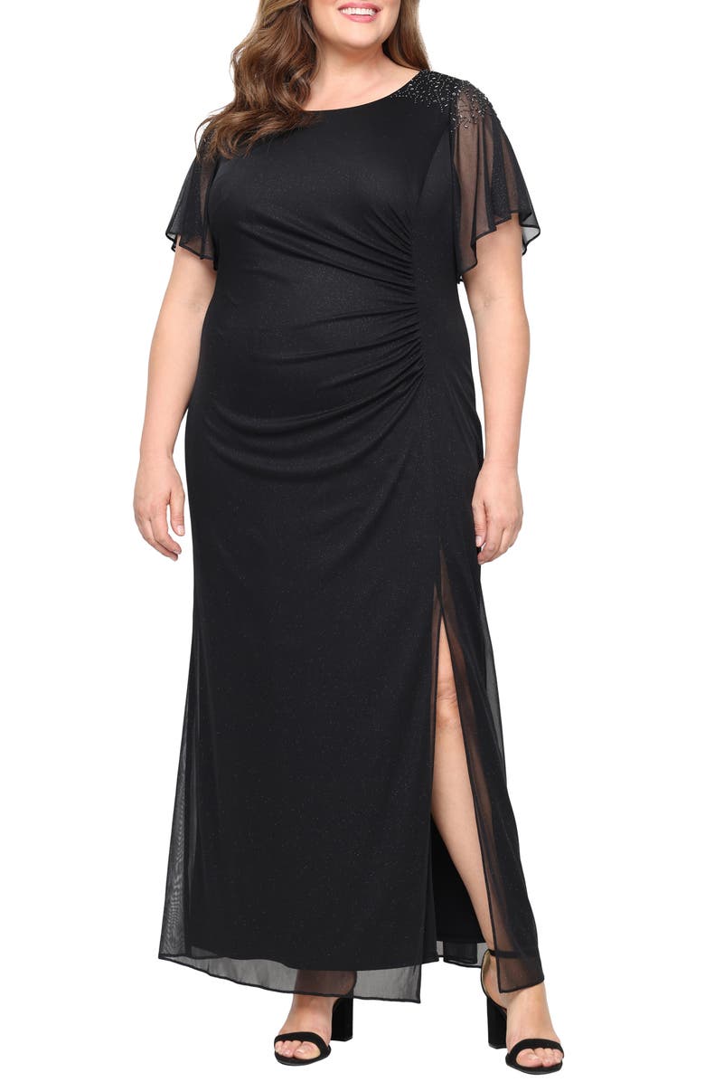 SL FASHIONS Flutter Sleeve Metallic Gown, Main, color, Black