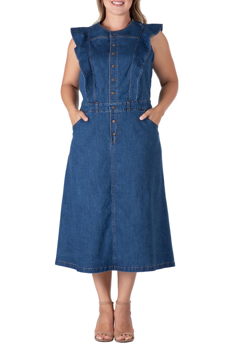Ruffle Sleeveless Denim Dress, Alternate, color, DARK BLUE